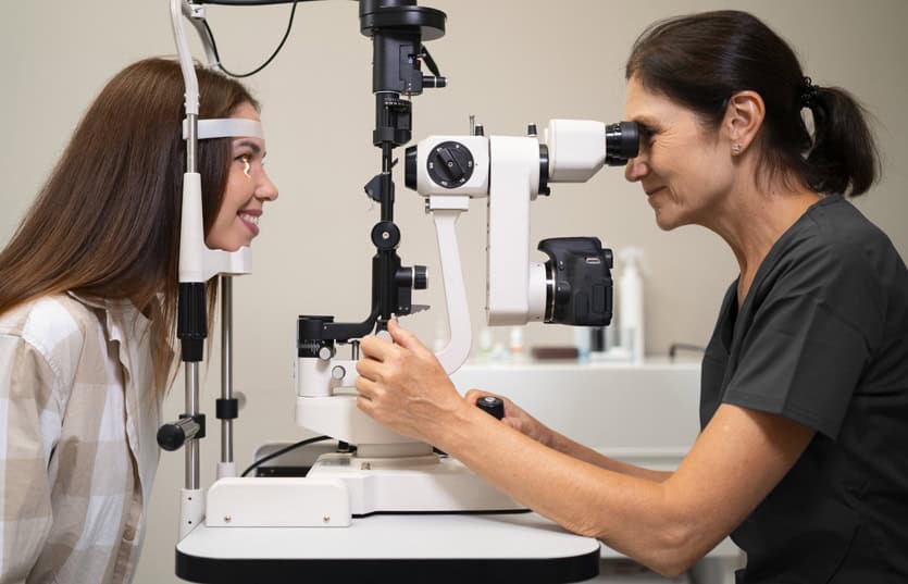 Eye doctor with nurse performing an eye exam for patient